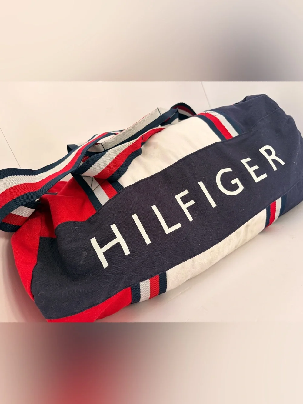 Tommy Hilfiger Red, Navy & White Canvas Duffel with Striped Handles